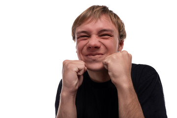 Satisfied blonde teenager is happy on white background