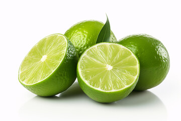 Full and halved green lime fruit on white background.