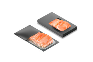 Blank black box and transparent label pack with salmon mockup