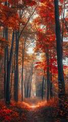 Fototapeta premium Autumn, forest, foliage, road, nature, landscape, scenic, fall, trees, woodland, journey, travel, adventure, outdoors, pathway, foliage, leaves, golden, orange, brown, winding, serene, peaceful