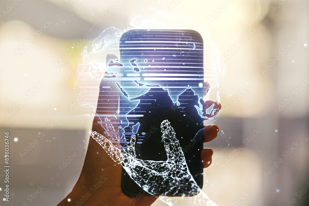Poster multi exposure of abstract creative digital world map and hand with phone on background, tourism and