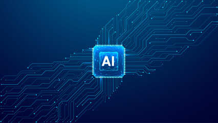 Digital AI low poly semiconductor with circuit elements on abstract technology background. Motherboard lines, AI chip on tech bg. Dark blue bg with empty place for text or message. Vector illustration