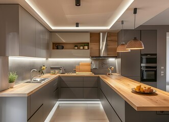 Fototapeta premium Modern kitchen interior in a minimalist style with wooden elements