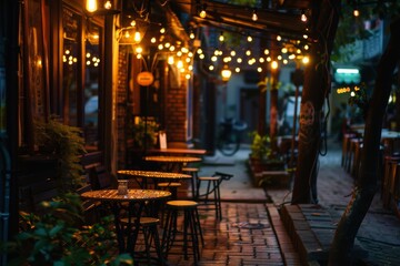 vintage cafe terrace cozy lighting street warm light romantic ambience at night