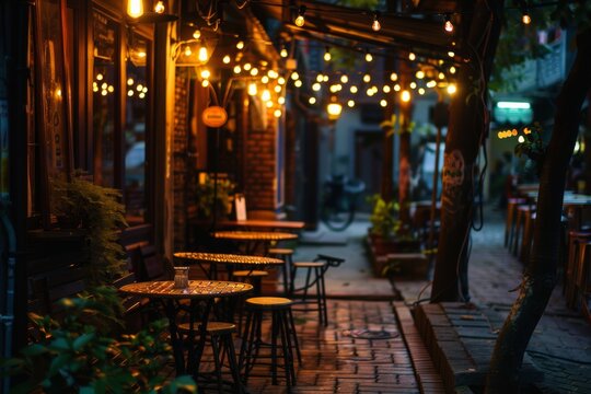 Fototapeta vintage cafe terrace cozy lighting street warm light romantic ambience at night
