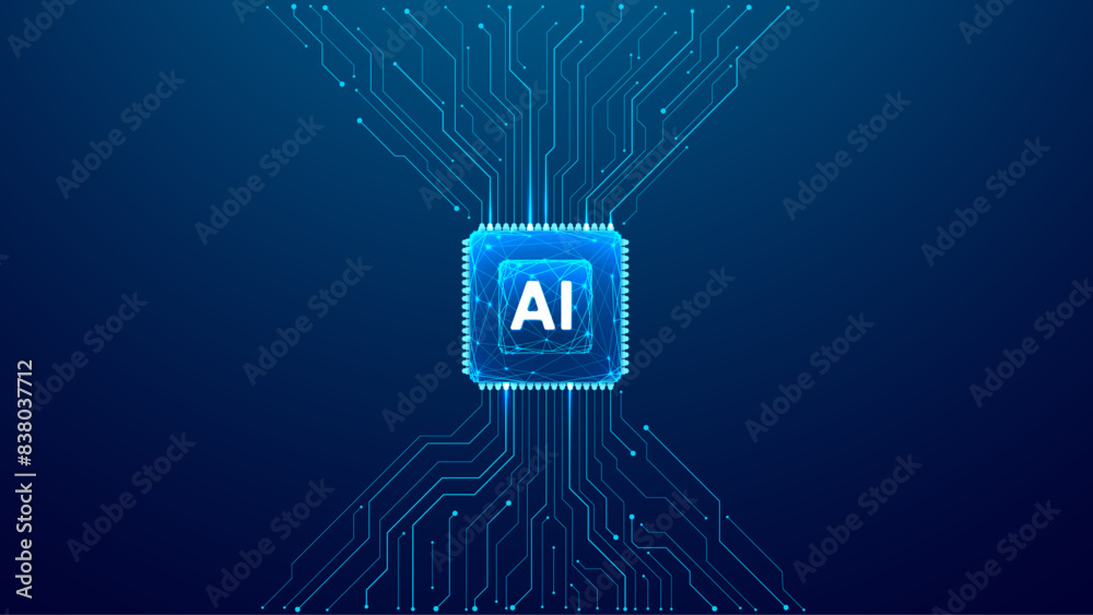 Poster AI chip background with circuit line light elements. Technology blue background. Circuit board, AI semiconductor, and computer processor. Abstract polygonal microchip vector illustration. 