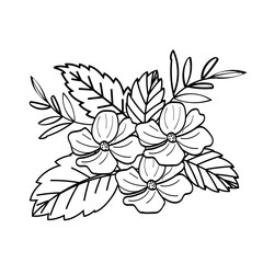 Vector Icon branch with flower and leafs decorative, Black and white leaves design, hand drawn plant. natural line style illustration.