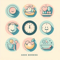 Fototapeta premium A collection of nine icons representing a typical morning routine, with a light and airy design