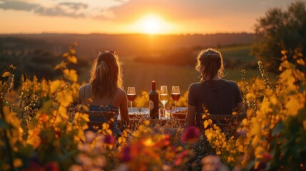 Couple having a picnic at the vineyard at sunset