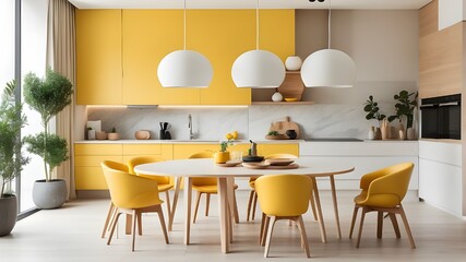 A sophisticated interpretation of minimalism featuring a round dining table paired with vibrant yellow chairs, adding a touch of vibrancy to the sleek kitchen design.
