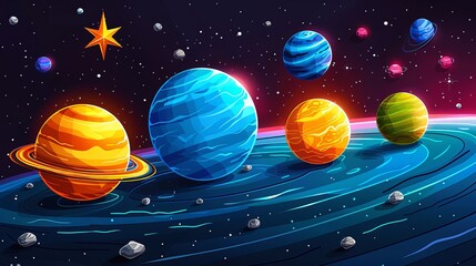 cartoon style space rocket model in universe and dark space with stars and galaxy, space rocket exploration in universe space realistic illustration 