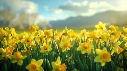 Fototapeta premium A field of vibrant yellow daffodils swaying in the breeze, their cheerful blooms a welcome sign of spring's arrival.