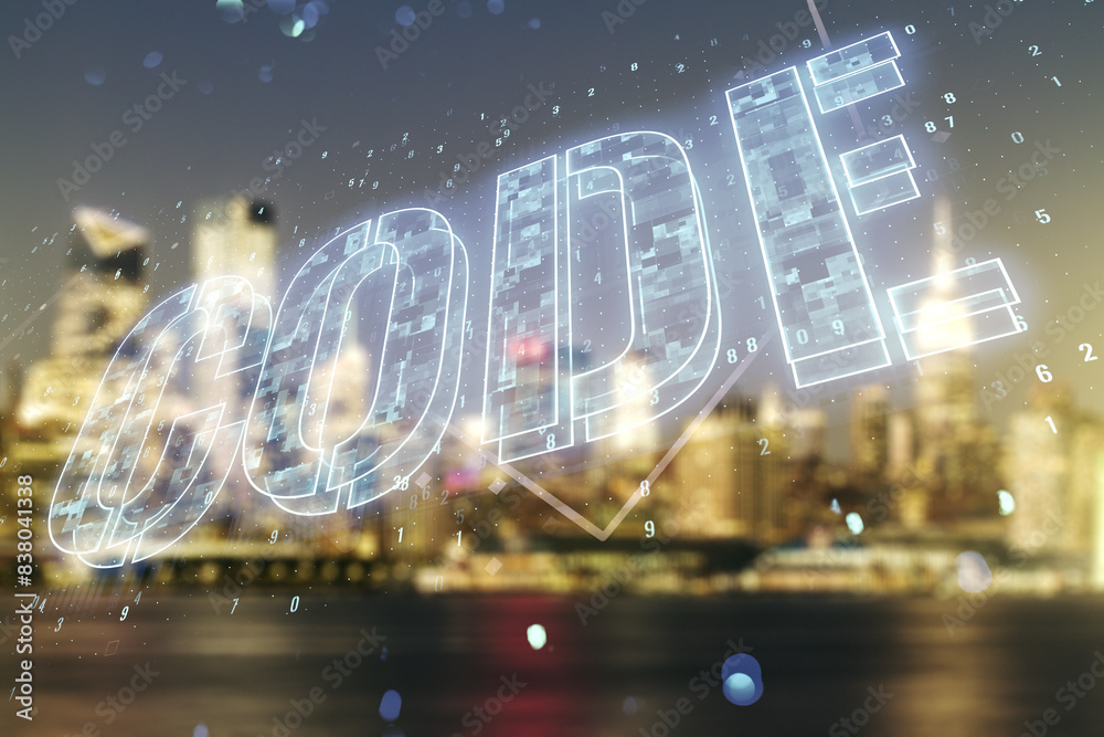 Aufkleber code word hologram on blurry cityscape background, artificial intelligence and neural networks conce