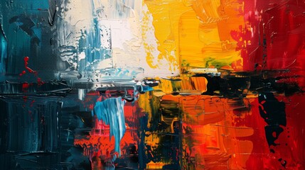 Abstract expressionist painting with bold brush strokes, splashes of color, and layered textures.