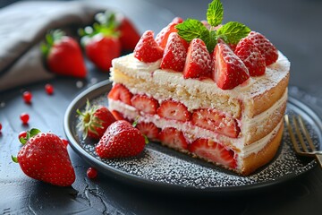 a cake slice with a strawberry topping, Generative AI.