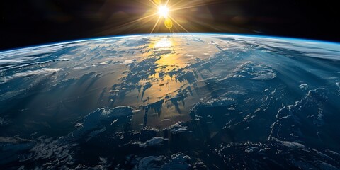 Breathtaking View of Earth from Space at Sunrise with Star-Filled Sky and Continents on Horizon, Showcasing the Blue Planet's Vast Landscape