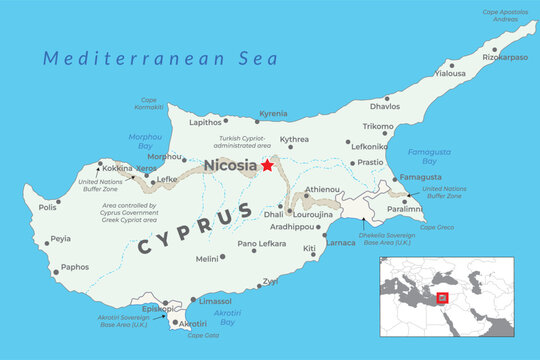 Cyprus Political Map with capital Nicosia with national borders
