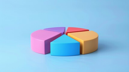 Obraz premium Colorful pie chart diagram with four segments in pastel hues on a blue background, representing data and statistics. 3D Illustration.