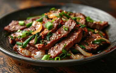 A plate of meat with onions and peppers is steaming in a pan