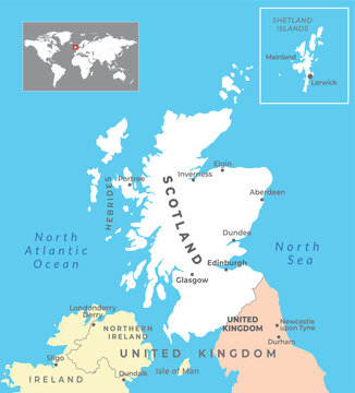 Scotland map with capital Edinburgh, national borders and most important cities