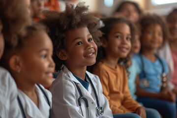 A group of multiethnic children dressed as doctors sit together, smiling and looking engaged.Wearing doctor costumes, show enthusiasm and curiosity. Diversity, childhood innocence, and aspirations.