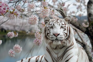 A gorgeous sakura garden with a white tiger in the background, Generative AI. © afif