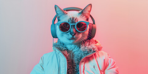 Cat wearing headphones and coat in neon light