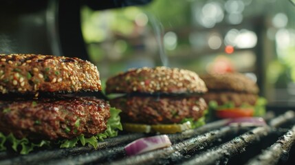 Grilled burgers on a BBQ with lettuce, tomato, and onion, perfect for outdoor summer dining and barbecues, with a blurred garden view in the background.