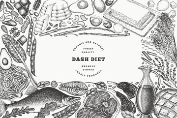 Obraz premium Dash Diet Design Template. Vector Hand Drawn Healthy Food Banner. Vintage Style Menu Illustration.