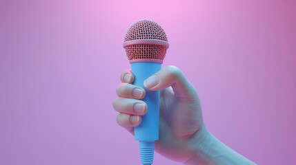 Hand holding a colorful microphone against a vibrant pink-purple background, perfect for music, performance, or podcast-related content. 3D Illustration.