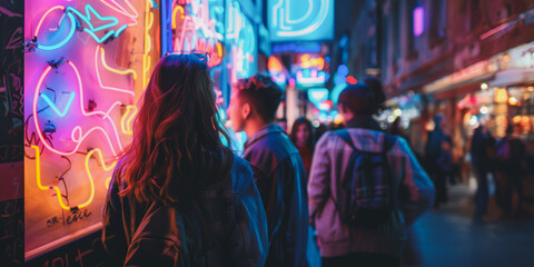 People exploring city streets with neon signs