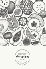 Tropical Fruit Design Template. Vector Hand Drawn Exotic Fruit Banner. Vintage Style Menu Illustration.