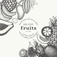 Tropical Fruit Design Template. Vector Hand Drawn Exotic Fruit Banner. Vintage Style Menu Illustration.