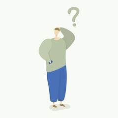 Vector drawing depicting an abstract confused guy in a pale green sweater and blue trousers with a smartphone in his hands on a light background