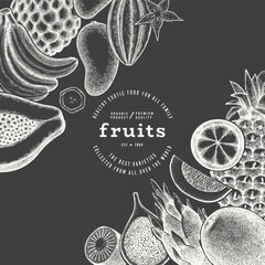 Tropical Fruit Design Template. Vector Hand Drawn Exotic Fruit Chalk Board llustration. Vintage Style Menu Illustration.