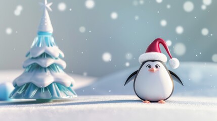 Penguin with Santa Hat and Christmas Tree