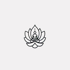 A minimalist black-and-white logo featuring a lotus flower with a person in a meditative pose inside, symbolizing wellness, purity, and fitness. Clean and serene design isolated on a white background.