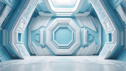 Intricate 3D geometric wall in light blue and white tones, creating a beautiful futuristic background for presentations