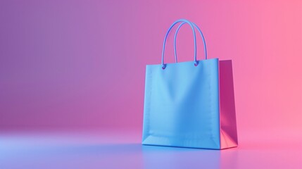 Minimalistic blue shopping bag on a pink and blue gradient background. Perfect for e-commerce, retail, and marketing purposes. 3D Illustration.