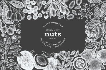 Hand Drawn Nuts Branch And Kernels  Template. Organic Seed Vector Design. Retro Chalk Board Nut Illustration.