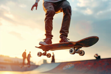 Naklejka premium Close up image of a dynamic moment of a skateboarder riding generative ai