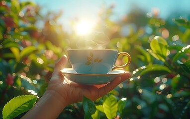 A hand holding a cup with steam coming out of it - Powered by Adobe