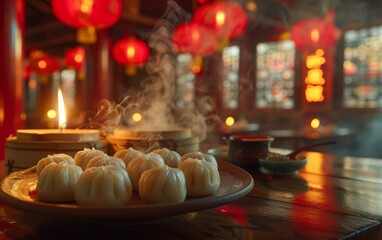 A plate of dumplings sits on a wooden table with a lit candle nearby