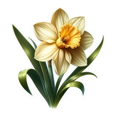 Obraz premium Stunning Realistic Daffodil Flower with Leaf Isolated on White Background