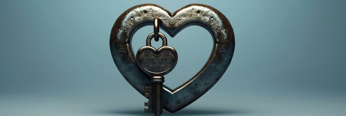 Heart-shaped lock with a key on a wooden background