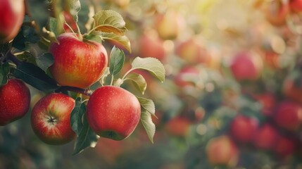 Red apples hanging from branches in an orchard with lush green leaves, bathed in warm sunlight. Perfect harvest and nature scenery.