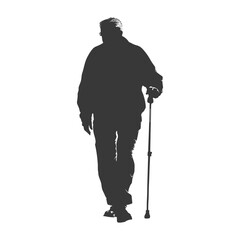silhouette elderly man with walking stick full body black color only