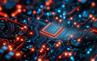 Obraz premium A computer chip with a blue and red background