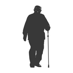 silhouette elderly man with walking stick full body black color only
