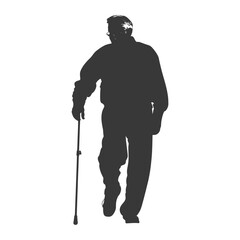 silhouette elderly man with walking stick full body black color only